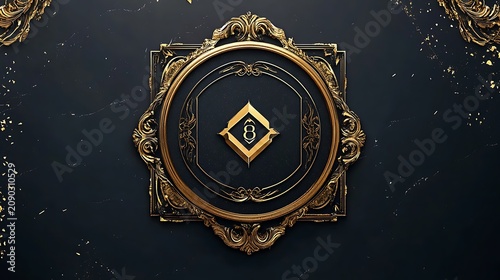Gold ornate frame featuring the number eight on a dark luxury marble background with elegant metallic decorative floral corner elements