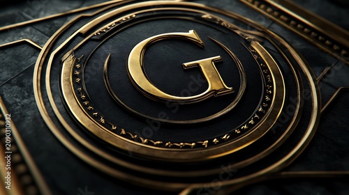 Letter G gold logo emblem design featuring a luxury metallic circular frame on a dark textured background for premium branding