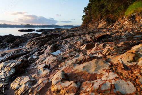 Fotografie Scenic flat jagged and patterned rocky headland at south end of Paihia waterfron
