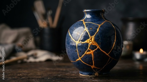 Cracked blue vase with gold cracks on a wooden table background fracture