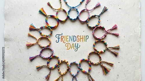 Friendship day celebration with colorful bracelets arranged in a circular
