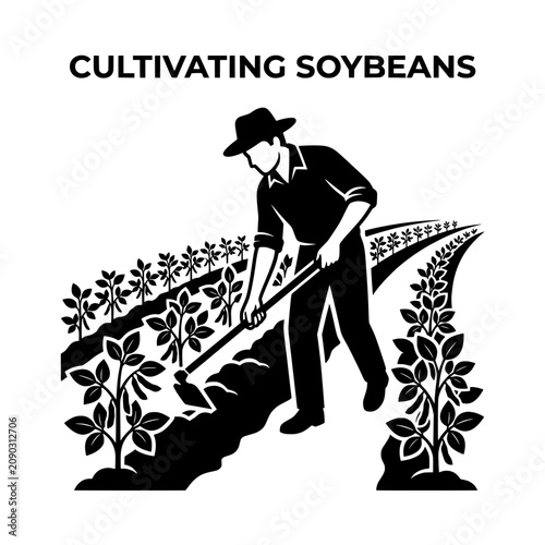 Farmer Cultivating Soybeans in Field with Hoe Agriculture Concept.