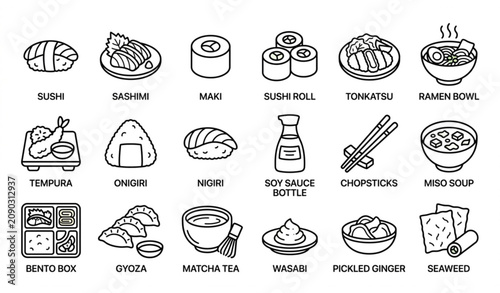 Fotografi Japanese Food Line Icon Set with Sushi Ramen Tonkatsu Bento and Traditional Cuis