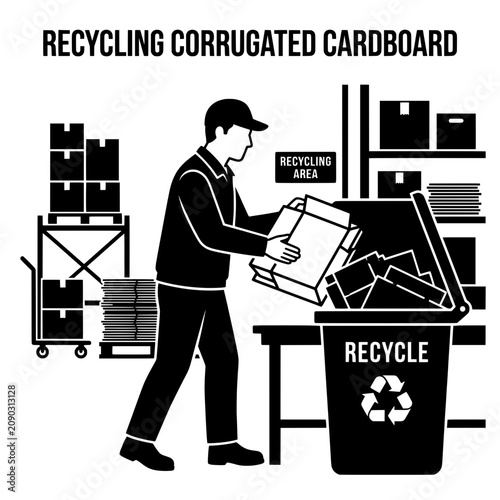 Man Recycling Cardboard Boxes into a Recycle Bin for Environmental Protection.