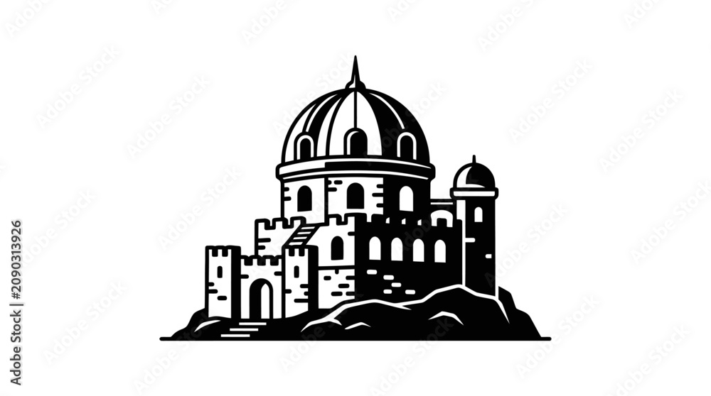 Obraz premium A detailed black and white illustration of a medieval castle with a prominent central dome.