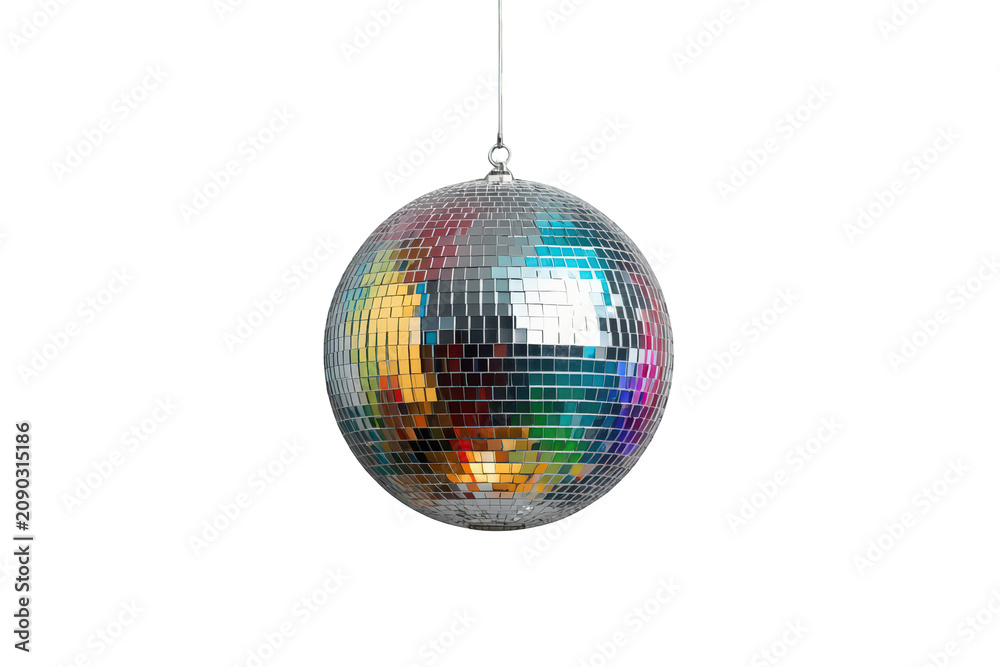 Fototapeta premium Disco ball hanging, reflecting colorful lights, symbol of celebration, party, night club, and retro music