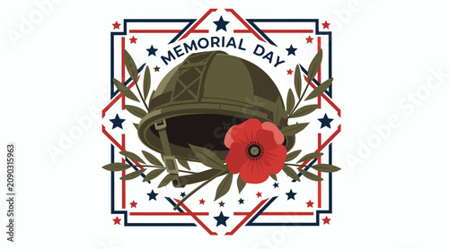 Memorial Day military helmet, poppy flower and stars graphic illustration