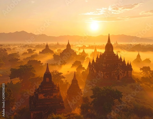 Golden sunrise illuminates the ancient pagodas of Bagan, Myanmar, creating a mystical and serene landscape shrouded in morning mist.