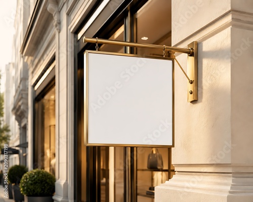 Brass framed blank sign hanging outside a building illuminated by warm sunlight advertisement architecture awning cityscape