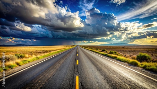 A vast, open highway stretches towards a dramatic, stormy sky over a golden landscape.