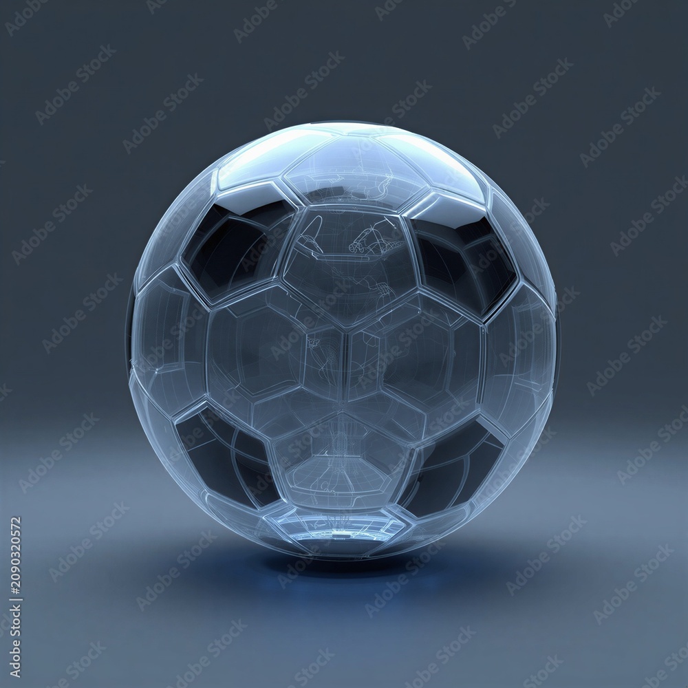 Fototapeta premium Elegant crystal soccer ball 3D render with transparent hexagonal facets against a dark cinematic studio backdrop