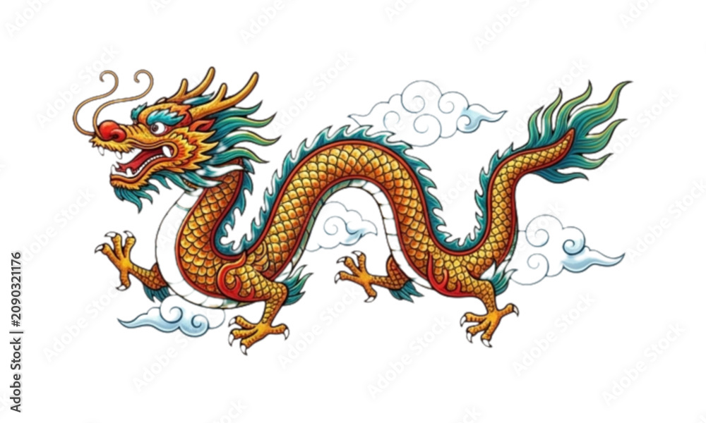 Fototapeta premium Golden Chinese Dragon Flying with Clouds Vector Illustration
