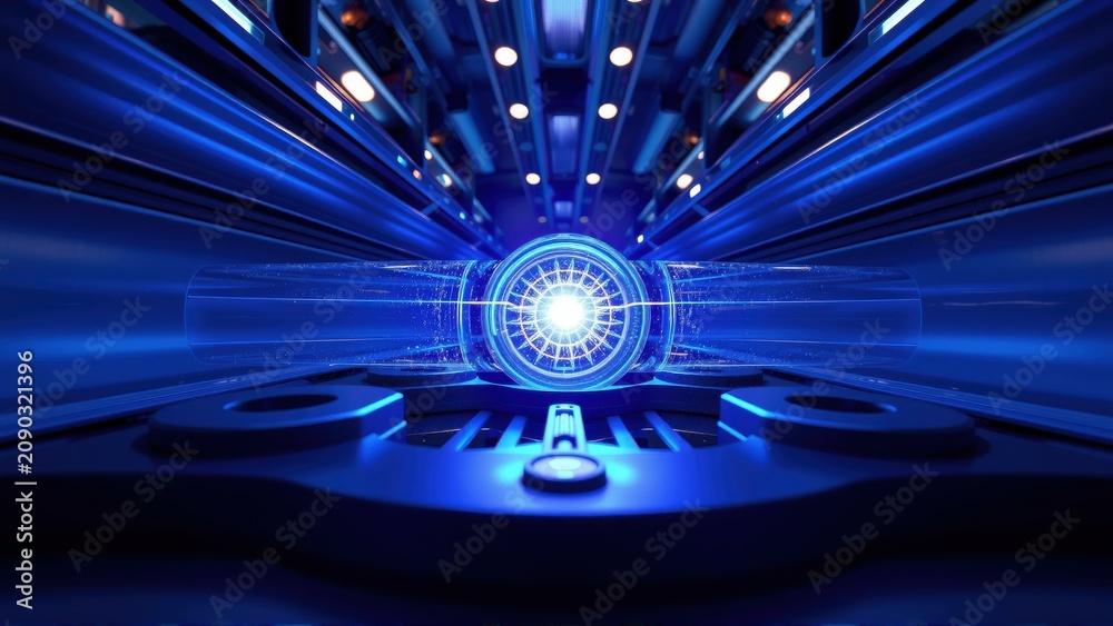 Fototapeta premium Futuristic tunnel glows intensely. Bright light emanates from center, creating dramatic perspective. Dark blues dominate composition.