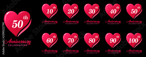 Quadro su tela Elegant heart anniversary celebration badge set from 10th to 100th milestone design