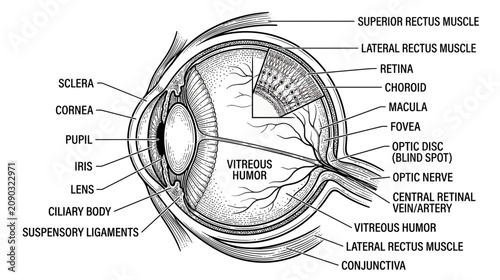 Cuadro en lienzo Anatomical Diagram of the Human Eye - Detailed Cross-Section with Labels