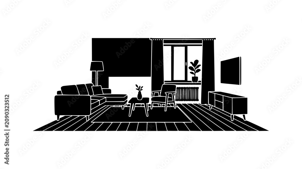 Fototapeta premium Modern Living Room Interior Silhouette with Furniture and Decor
