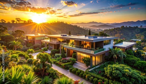 Luxurious modern villa nestled in lush green landscape during a vibrant sunset.