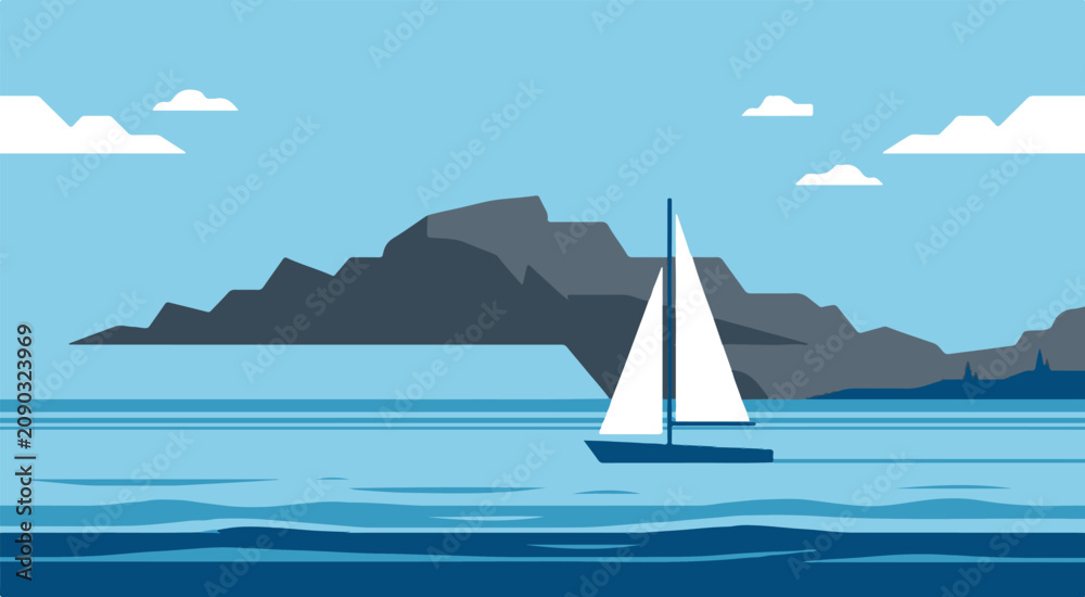 Naklejka premium A serene sailing scene on calm waters near a mountainous island landscape