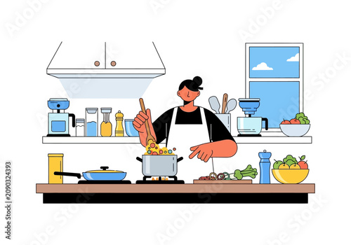 Woman cooking in a modern kitchen with fresh ingredients.