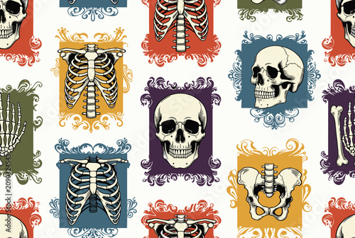 Seamless gothic pattern featuring human skulls, rib cages, and bones inside colorful ornate vintage frames on a light background.