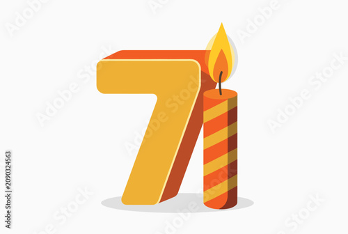 Golden three-dimensional number seven next to a lit birthday candle with a warm flame, representing a seventh anniversary.
