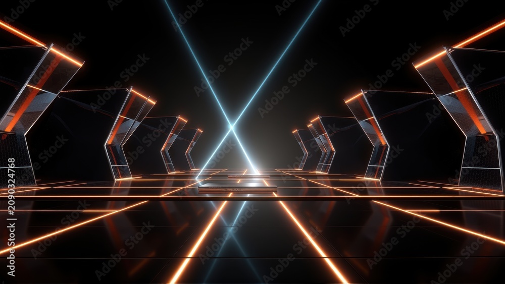 Fototapeta premium Futuristic corridor glows with neon lines. Dark space creates dramatic perspective, emphasizing symmetry, light beams converge ahead.