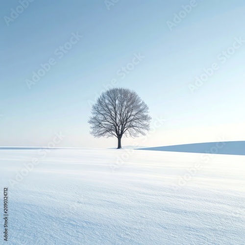 A solitary bare tree stands in a vast, snow-covered field under a clear blue sky.