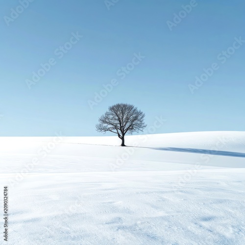 A solitary, leafless tree stands on a snow-covered hill under a clear blue sky.