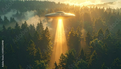 A mysterious flying saucer descends from the sky, casting a golden beam of light through a misty forest at sunrise.
