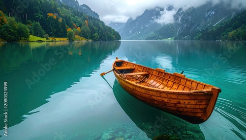 A serene wooden rowboat floats on a calm, turquoise lake surrounded by lush green mountains.