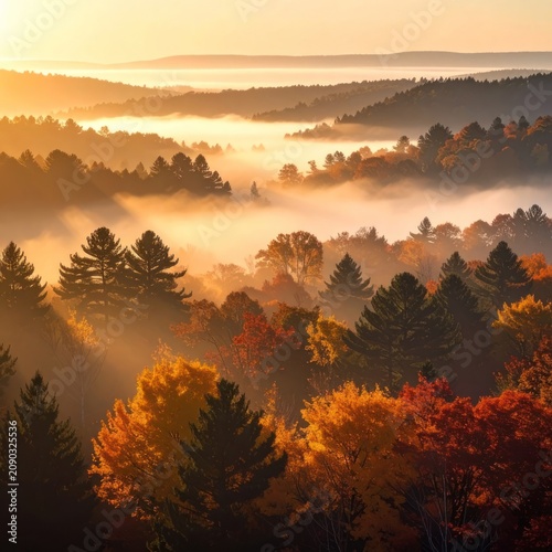 Misty autumn forest bathed in golden sunrise light.
