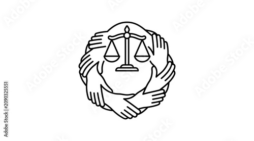 Justice Scales Surrounded by Diverse Hands Circle, Symbol of Law and Equality