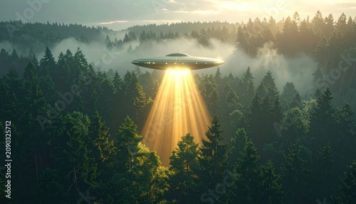 A UFO hovers over a misty forest, emitting a bright beam of light.