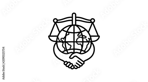 Global Justice Symbol: Scales of Justice, Earth Globe, Handshake Icon