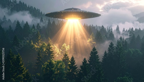 A classic flying saucer hovers over a dense, misty forest, casting a powerful beam of light downwards.