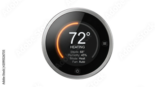 Round digital smart thermostat showing room temperature transparent background