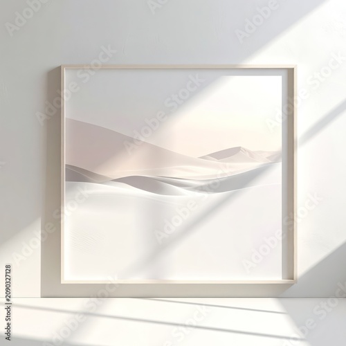 A framed abstract landscape painting of rolling sand dunes bathed in soft, warm sunlight, casting gentle shadows.