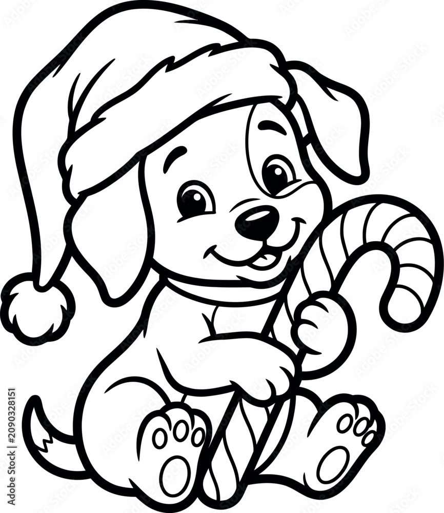 Obraz premium Happy christmas coloring page for kids with cute dog wearing santa hat and holding candy cane