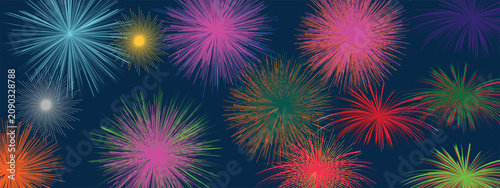 Festive vector illustration featuring colorful fireworks exploding across a dark blue night sky in celebration of the Fourth of July, American Independence Day. This vibrant patriotic background is id