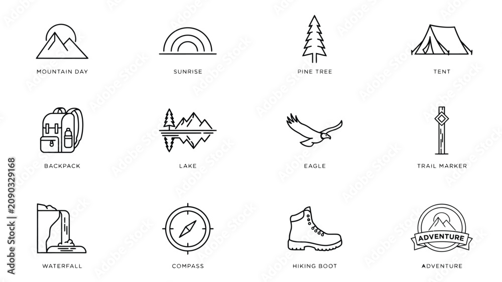 Fototapeta premium Minimalist line art icons set featuring outdoor adventure and nature elements on light background with uniform style subtle shading depth background collection twelve