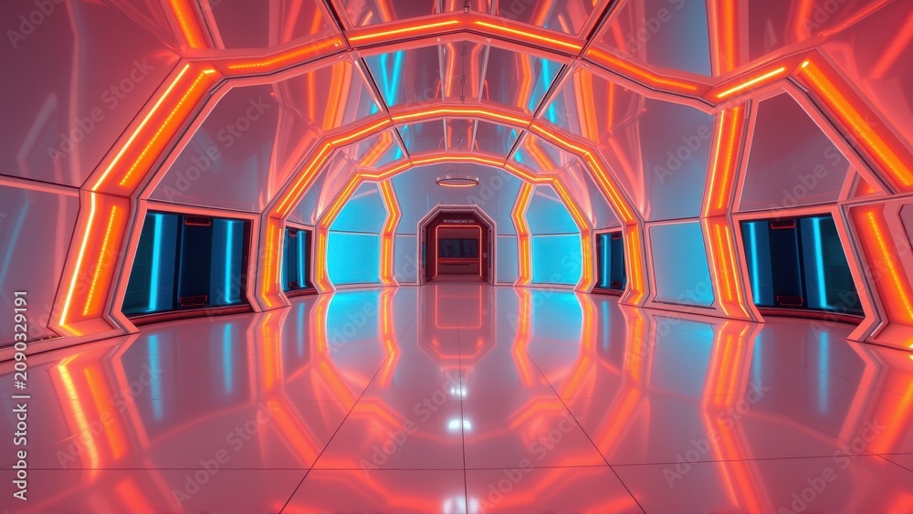Fototapeta premium Futuristic corridor, bright neon lights, reflective floor. Symmetrical design creates depth, inviting exploration. Minimalist aesthetic, modern space.
