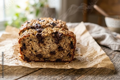 Freshly Baked Banana Bread with Melting Chocolate Chips and Rolled Oats on Rustic Wood Table with Steam and Copy Space for Food Blog and Culinary Website Banner