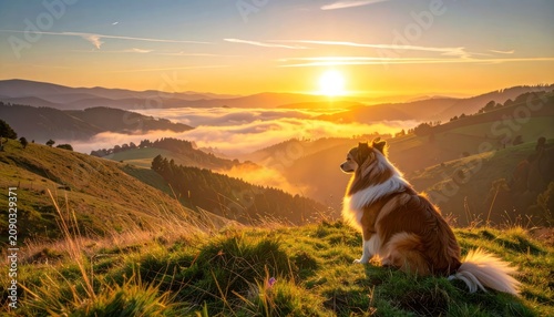 A fluffy dog sits on a grassy hilltop, looking out at a stunning sunrise over rolling hills and a sea of clouds.