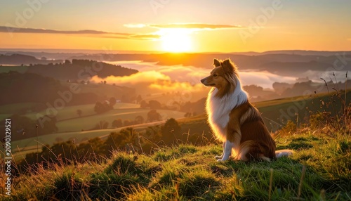 A golden retriever sits on a grassy hill at sunrise, overlooking a misty valley.