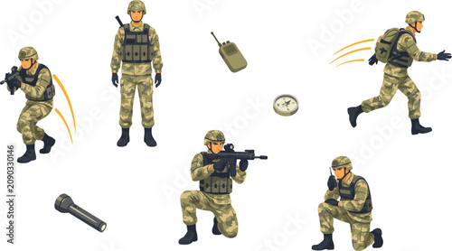 Фотография Military Soldier Vector Character Set in Camouflage Uniform Showing Actions of R