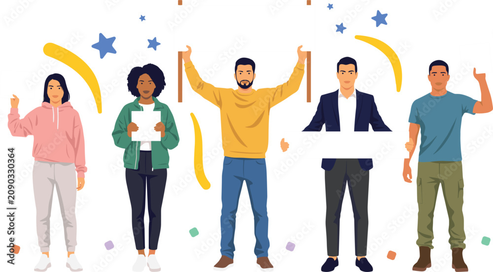 Obraz premium Diverse Crowd of Protesters and Activists Character Vector Set Holding Blank Sign Boards and Placards for Human Rights Rallies and Social Justice Demands