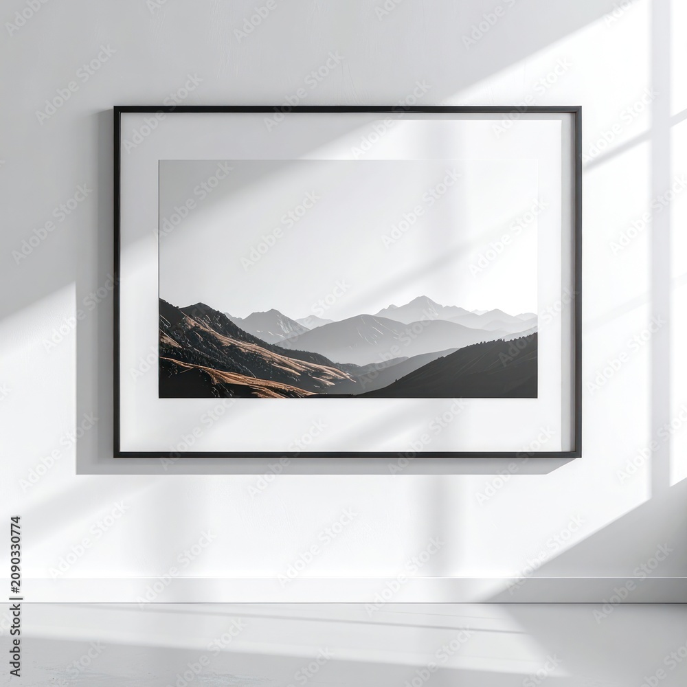 Fototapeta premium Framed landscape artwork showcasing layered mountain ranges under a bright sky.