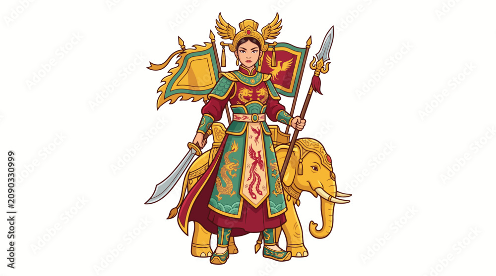 Naklejka premium Colorful abstract vector illustration of a warrior on elephant, modern digital art background
