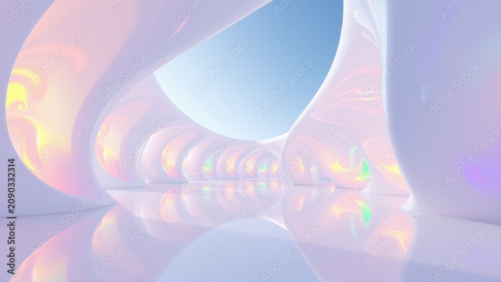 Fototapeta premium Abstract tunnel, soft light, iridescent curves. Smooth surfaces reflect sky, creating futuristic space. Minimalist design, calming aesthetic.