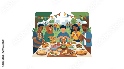 Diverse group enjoying festive outdoor meal with traditional dishes